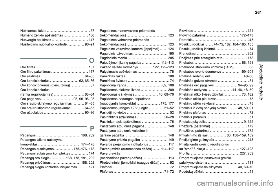 TOYOTA PROACE CITY 2021 Eksploatavimo vadovas (in Lithuanian) 261
Abėcėlinė rodyklė
Nuimamas liukas 57Numerio ženklo apšvietimas 186Nuovargio aptikimas 147Nusileidimo nuo kalno kontrolė 90–91
O
Oro filtras 167Oro filtro pakeitimas 167Oro įl TOYOTA PROACE CITY 2021 Eksploatavimo vadovas (in Lithuanian) 261
Abėcėlinė rodyklė
Nuimamas liukas 57Numerio ženklo apšvietimas 186Nuovargio aptikimas 147Nusileidimo nuo kalno kontrolė 90–91
O
Oro filtras 167Oro filtro pakeitimas 167Oro įl