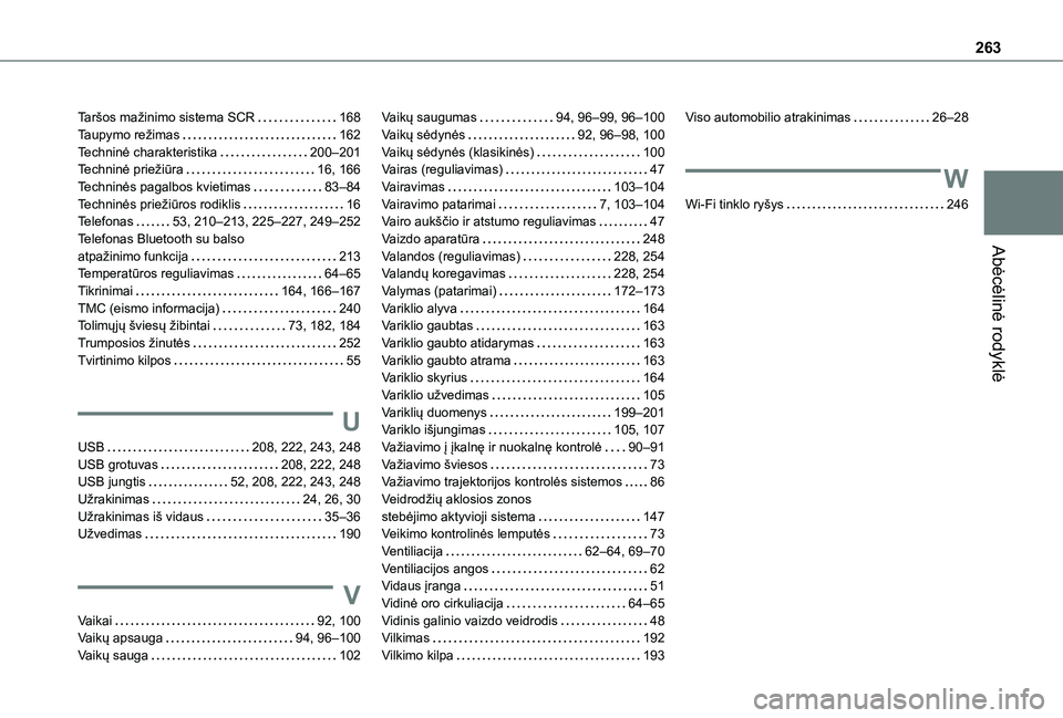TOYOTA PROACE CITY 2021 Eksploatavimo vadovas (in Lithuanian) 263
Abėcėlinė rodyklė
Taršos mažinimo sistema SCR 168Taupymo režimas 162Techninė charakteristika 200–201Techninė priežiūra 16, 166Techninės pagalbos kvietimas 83–84Techninės TOYOTA PROACE CITY 2021 Eksploatavimo vadovas (in Lithuanian) 263
Abėcėlinė rodyklė
Taršos mažinimo sistema SCR 168Taupymo režimas 162Techninė charakteristika 200–201Techninė priežiūra 16, 166Techninės pagalbos kvietimas 83–84Techninės