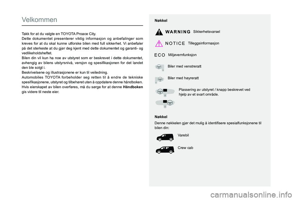 TOYOTA PROACE CITY 2021 Instruksjoner for bruk (in Norwegian)
Velkommen
Takk for at du valgte en TOYOTA Proace City.Dette dokumentet presenterer viktig informasjon og anbefalinger som kreves for at du skal kunne utf TOYOTA PROACE CITY 2021 Instruksjoner for bruk (in Norwegian)
Velkommen
Takk for at du valgte en TOYOTA Proace City.Dette dokumentet presenterer viktig informasjon og anbefalinger som kreves for at du skal kunne utf