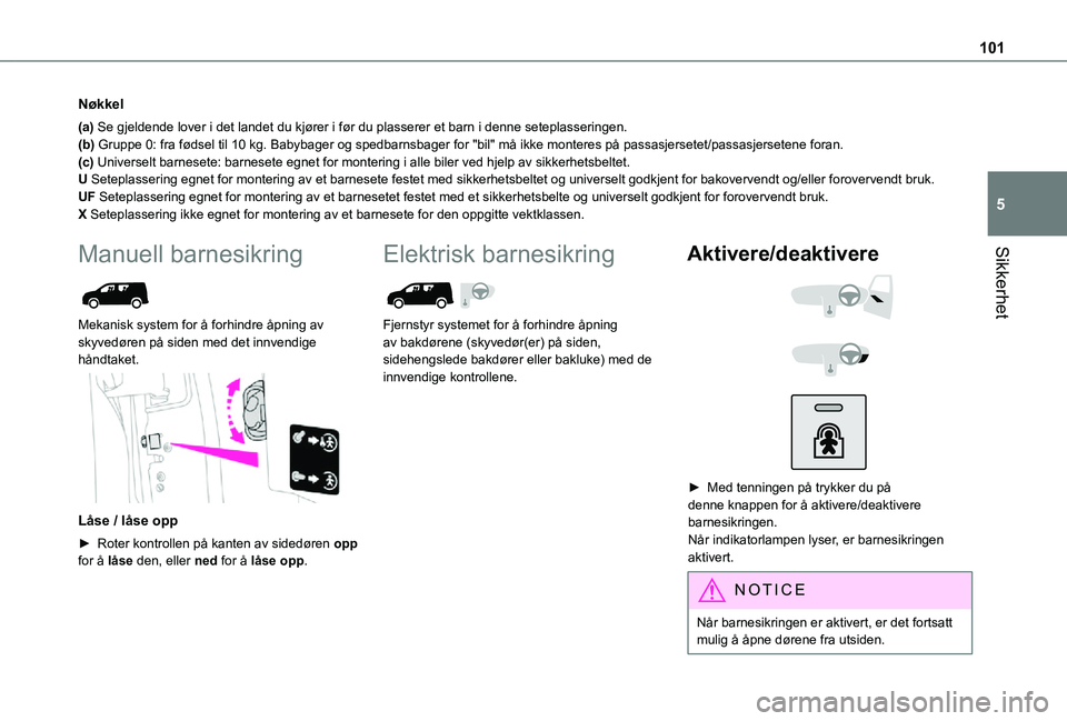 TOYOTA PROACE CITY 2021 Instruksjoner for bruk (in Norwegian) 101
Sikkerhet
5
Nøkkel
(a) Se gjeldende lover i det landet du kjører i før du plasserer et b\
arn i denne seteplasseringen.(b) Gruppe 0: fra fødsel til 10 kg. Babybager og spedbarnsbager for " TOYOTA PROACE CITY 2021 Instruksjoner for bruk (in Norwegian) 101
Sikkerhet
5
Nøkkel
(a) Se gjeldende lover i det landet du kjører i før du plasserer et b\
arn i denne seteplasseringen.(b) Gruppe 0: fra fødsel til 10 kg. Babybager og spedbarnsbager for "