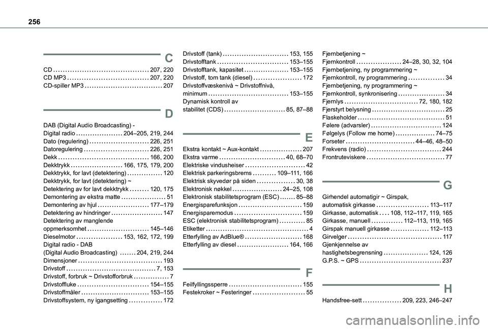 TOYOTA PROACE CITY 2021  Instruksjoner for bruk (in Norwegian) 256
C
CD   207, 220CD MP3   207, 220CD-spiller MP3   207
D
DAB (Digital Audio Broadcasting) -  Digital radio   204–205, 219, 244Dato (regulering)   226, 251Datoregulering   226, 251Dekk   166, 200De