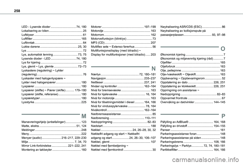 TOYOTA PROACE CITY 2021  Instruksjoner for bruk (in Norwegian) 258
LED - Lysende dioder   74, 180Lokalisering av bilen   25Luftdyser   61Luftfilter   165Luftinntak   64Lukke dørene   25, 30Lys   72Lys, automatisk tenning   73, 75Lysende dioder - LED   74, 180Lys