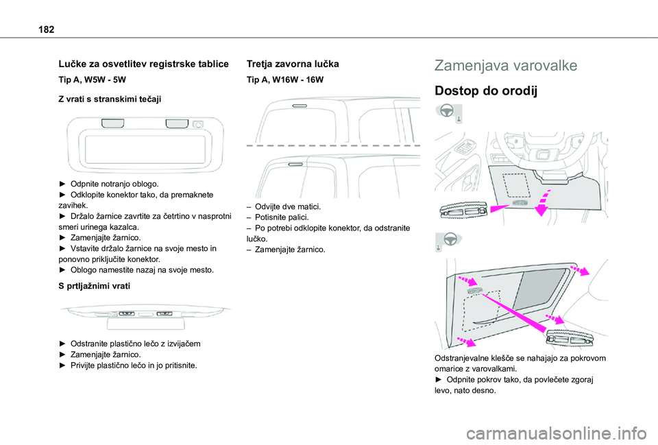 TOYOTA PROACE CITY 2021  Navodila Za Uporabo (in Slovenian) 182
Lučke za osvetlitev registrske tablice
Tip A, W5W - 5W
Z vrati s stranskimi tečaji
 
 
► Odpnite notranjo oblogo.► Odklopite konektor tako, da premaknete zavihek.► Držalo žarnice zavrtit