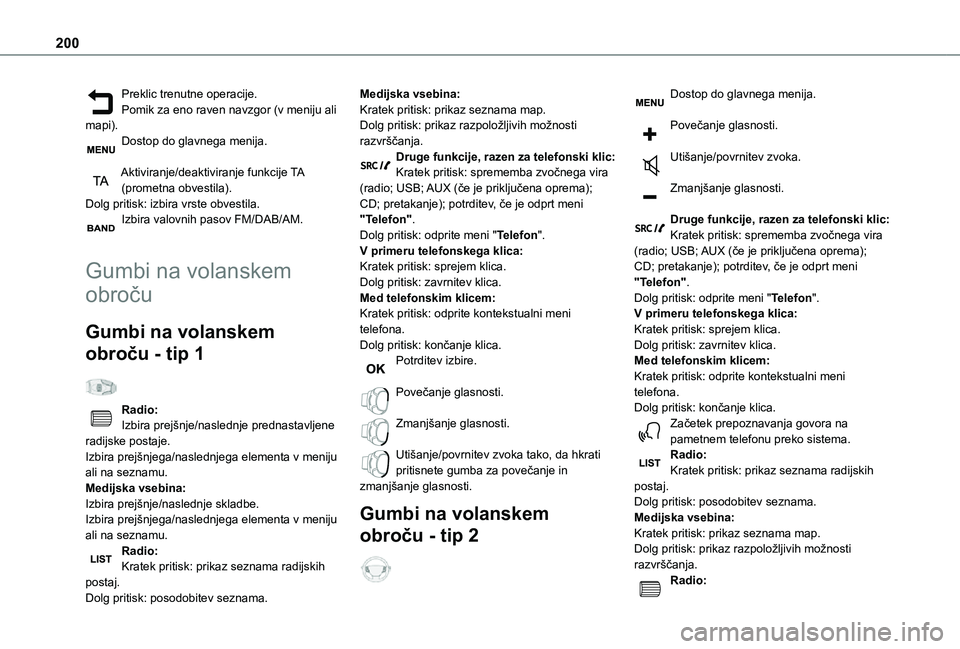 TOYOTA PROACE CITY 2021 Navodila Za Uporabo (in Slovenian) 200
Preklic trenutne operacije.Pomik za eno raven navzgor (v meniju ali mapi).Dostop do glavnega menija.
Aktiviranje/deaktiviranje funkcije TA (prometna obvestila).Dolg pritisk: izbira vrste obvestil TOYOTA PROACE CITY 2021 Navodila Za Uporabo (in Slovenian) 200
Preklic trenutne operacije.Pomik za eno raven navzgor (v meniju ali mapi).Dostop do glavnega menija.
Aktiviranje/deaktiviranje funkcije TA (prometna obvestila).Dolg pritisk: izbira vrste obvestil