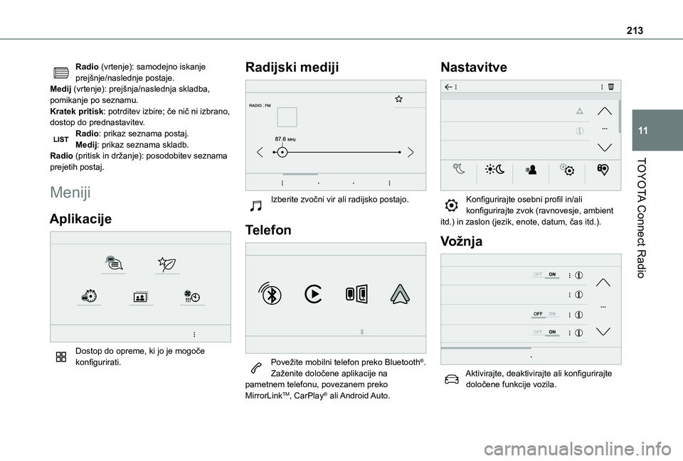 TOYOTA PROACE CITY 2021  Navodila Za Uporabo (in Slovenian) 213
TOYOTA Connect Radio
11
Radio (vrtenje): samodejno iskanje prejšnje/naslednje postaje.Medij (vrtenje): prejšnja/naslednja skladba, pomikanje po seznamu.Kratek pritisk: potrditev izbire; če nič