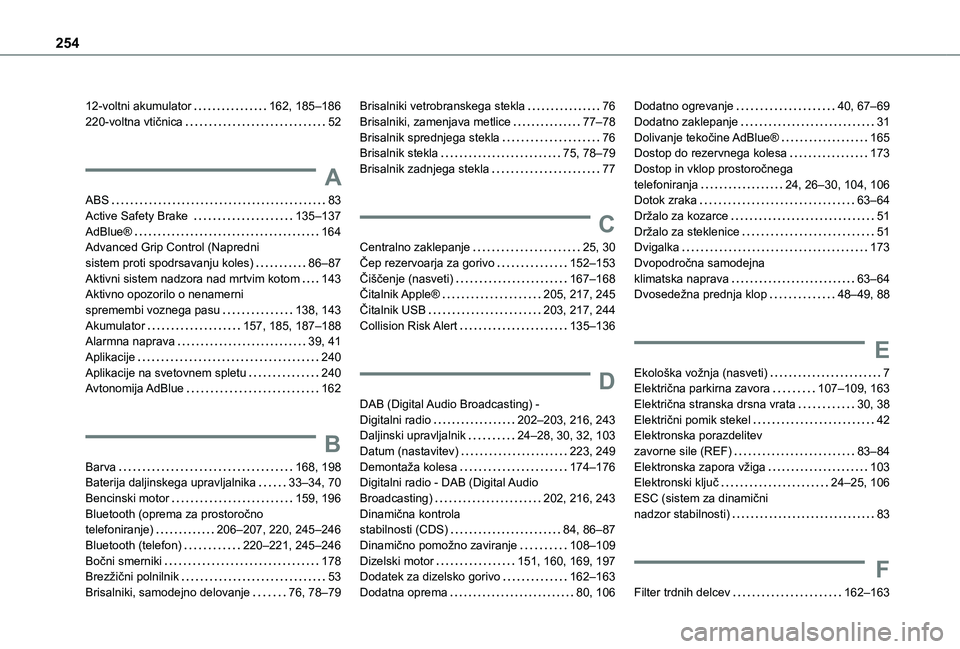 TOYOTA PROACE CITY 2021  Navodila Za Uporabo (in Slovenian) 254
12-voltni akumulator   162, 185–186220-voltna vtičnica   52
A
ABS   83Active Safety Brake    135–137AdBlue®   164Advanced Grip Control (Napredni  sistem proti spodrsavanju koles)   86–87Ak