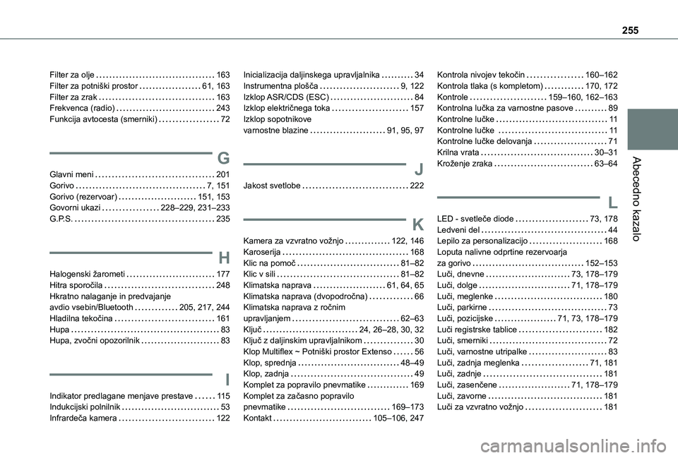 TOYOTA PROACE CITY 2021  Navodila Za Uporabo (in Slovenian) 255
Abecedno kazalo
Filter za olje   163Filter za potniški prostor   61, 163Filter za zrak   163Frekvenca (radio)   243Funkcija avtocesta (smerniki)   72
G
Glavni meni   201Gorivo   7, 151Gorivo (rez