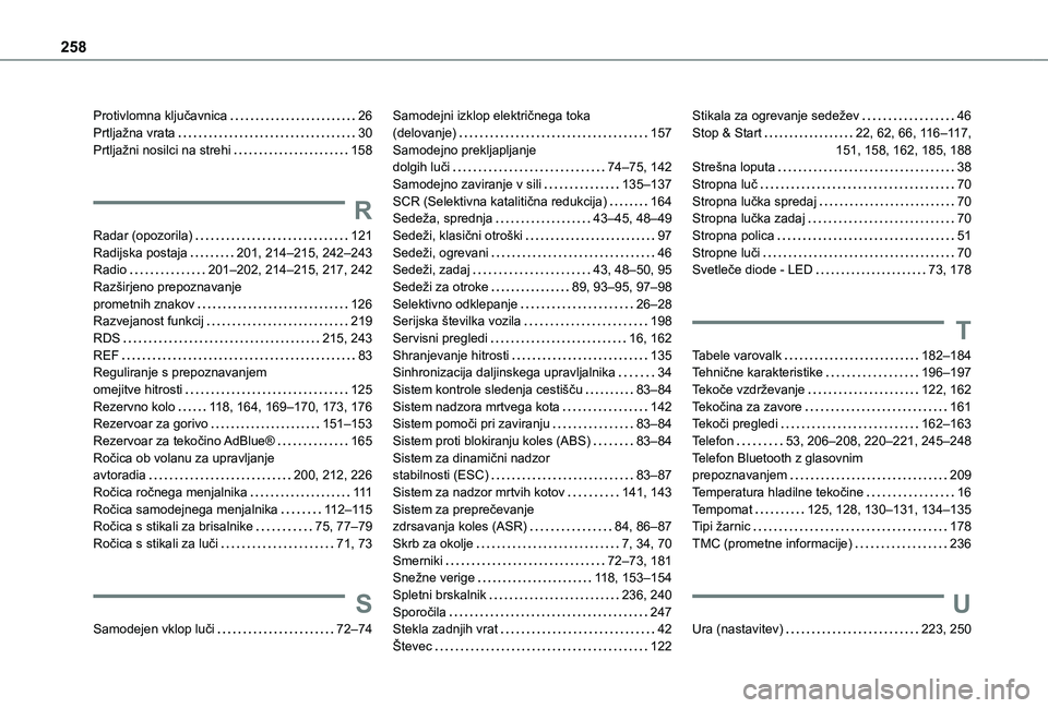TOYOTA PROACE CITY 2021  Navodila Za Uporabo (in Slovenian) 258
Protivlomna ključavnica   26Prtljažna vrata   30Prtljažni nosilci na strehi   158
R
Radar (opozorila)   121Radijska postaja   201, 214–215, 242–243Radio   201–202, 214–215, 217, 242Raz