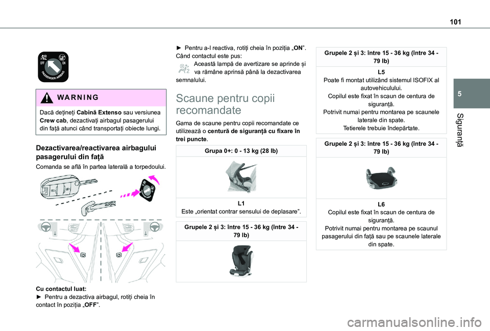 TOYOTA PROACE CITY 2021 Manual de utilizare (in Romanian) 101
Siguranță
5
WARNI NG
Dacă dețineți Cabină Extenso sau versiunea Crew cab, dezactivați airbagul pasagerului din față atunci când transportați obiecte lungi.
Dezactivarea/reactivarea TOYOTA PROACE CITY 2021 Manual de utilizare (in Romanian) 101
Siguranță
5
WARNI NG
Dacă dețineți Cabină Extenso sau versiunea Crew cab, dezactivați airbagul pasagerului din față atunci când transportați obiecte lungi.
Dezactivarea/reactivarea