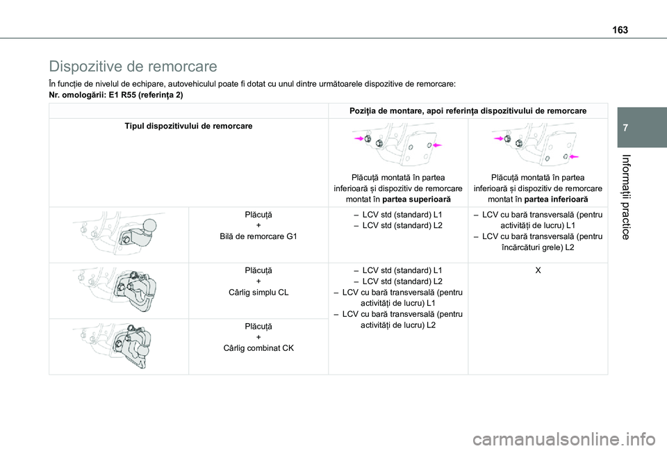 TOYOTA PROACE CITY 2021 Manual de utilizare (in Romanian) 163
Informații practice
7
Dispozitive de remorcare
În funcție de nivelul de echipare, autovehiculul poate fi dotat cu unul dintre următoarele dispozitive de remorcare:Nr. omologării: E1 R55 (refe TOYOTA PROACE CITY 2021 Manual de utilizare (in Romanian) 163
Informații practice
7
Dispozitive de remorcare
În funcție de nivelul de echipare, autovehiculul poate fi dotat cu unul dintre următoarele dispozitive de remorcare:Nr. omologării: E1 R55 (refe