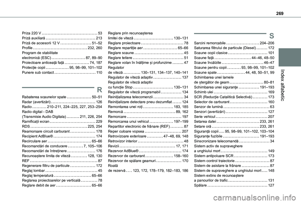 TOYOTA PROACE CITY 2021  Manual de utilizare (in Romanian) 269
Index alfabetic
Priza 220 V   53Priză auxiliară   213Priză de accesorii 12 V   51–52Profile   232, 260Program de stabilitate  electronică (ESC)   87, 89–90Proiectoare anticeață față   