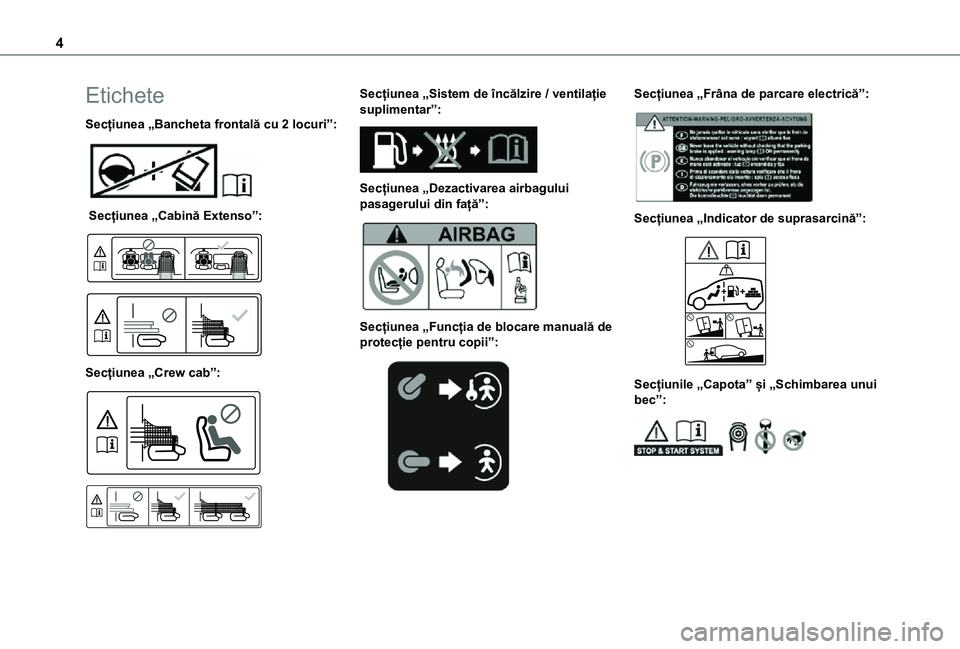 TOYOTA PROACE CITY 2021  Manual de utilizare (in Romanian) 4
Etichete
Secțiunea „Bancheta frontală cu 2 locuri”: 
 
 Secțiunea „Cabină Extenso”: 
  
 
Secțiunea „Crew cab”: 
  
 
Secțiunea „Sistem de încălzire / ventilație suplimentar�