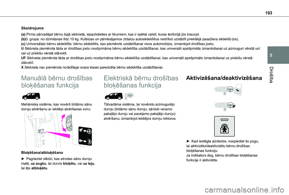 TOYOTA PROACE CITY 2021  Lietošanas Instrukcija (in Latvian) 103
Drošība
5
Skaidrojums
(a) Pirms pārvadājat bērnu šajā sēdvietā, iepazīstieties ar likumiem, kas ir spēkā valstī, kuras teritorijā jūs braucat.(b)0. grupa: no dzimšanas līdz 10 kg.