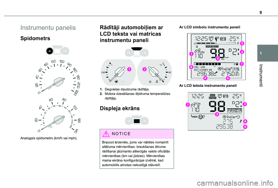 TOYOTA PROACE CITY 2021 Lietošanas Instrukcija (in Latvian) 9
Instrumenti
1
Instrumentu panelis
Spidometrs
Analogais spidometrs (km/h vai mph).
Rādītāji automobiļiem ar
LCD teksta vai matricas
instrumentu paneli
1.Degvielas daudzuma rādītājs. TOYOTA PROACE CITY 2021 Lietošanas Instrukcija (in Latvian) 9
Instrumenti
1
Instrumentu panelis
Spidometrs
Analogais spidometrs (km/h vai mph).
Rādītāji automobiļiem ar
LCD teksta vai matricas
instrumentu paneli
1.Degvielas daudzuma rādītājs.