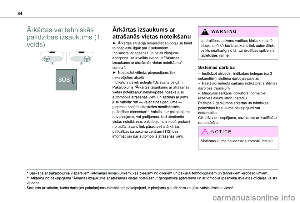 TOYOTA PROACE CITY 2021 Lietošanas Instrukcija (in Latvian) 84
Ārkārtas vai tehniskās
palīdzības izsaukums (1.
veids)
* Saskaņā ar pakalpojuma vispārējiem lietošanas nosacījumiem, kas pieejami no dīleriem un pakļauti tehnoloģiskiem un teh TOYOTA PROACE CITY 2021 Lietošanas Instrukcija (in Latvian) 84
Ārkārtas vai tehniskās
palīdzības izsaukums (1.
veids)
* Saskaņā ar pakalpojuma vispārējiem lietošanas nosacījumiem, kas pieejami no dīleriem un pakļauti tehnoloģiskiem un teh