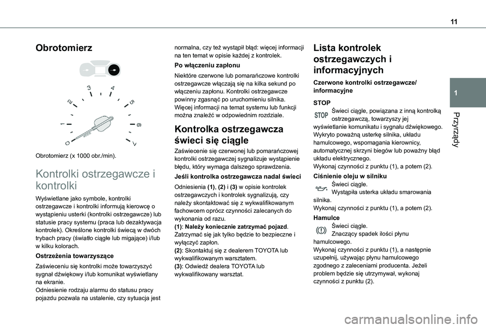 TOYOTA PROACE CITY 2021  Instrukcja obsługi (in Polish) 11
Przyrządy
1
Obrotomierz 
  
 
Obrotomierz (x 1000 obr./min).
Kontrolki ostrzegawcze i 
kontrolki
Wyświetlane jako symbole, kontrolki ostrzegawcze i kontrolki informują kierowcę o wystąpieniu u
