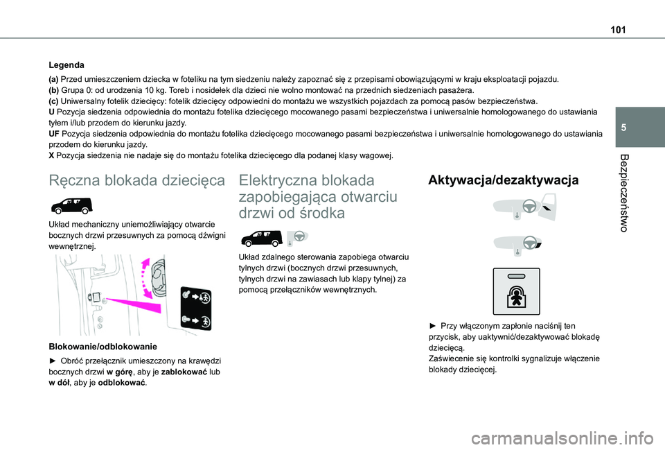 TOYOTA PROACE CITY 2021 Instrukcja obsługi (in Polish) 101
Bezpieczeństwo
5
Legenda
(a) Przed umieszczeniem dziecka w foteliku na tym siedzeniu należy zapoznać się z przepisami obowiązującymi w kraju eksploatacji pojazdu.(b) Grupa 0: od urodzenia 10 TOYOTA PROACE CITY 2021 Instrukcja obsługi (in Polish) 101
Bezpieczeństwo
5
Legenda
(a) Przed umieszczeniem dziecka w foteliku na tym siedzeniu należy zapoznać się z przepisami obowiązującymi w kraju eksploatacji pojazdu.(b) Grupa 0: od urodzenia 10