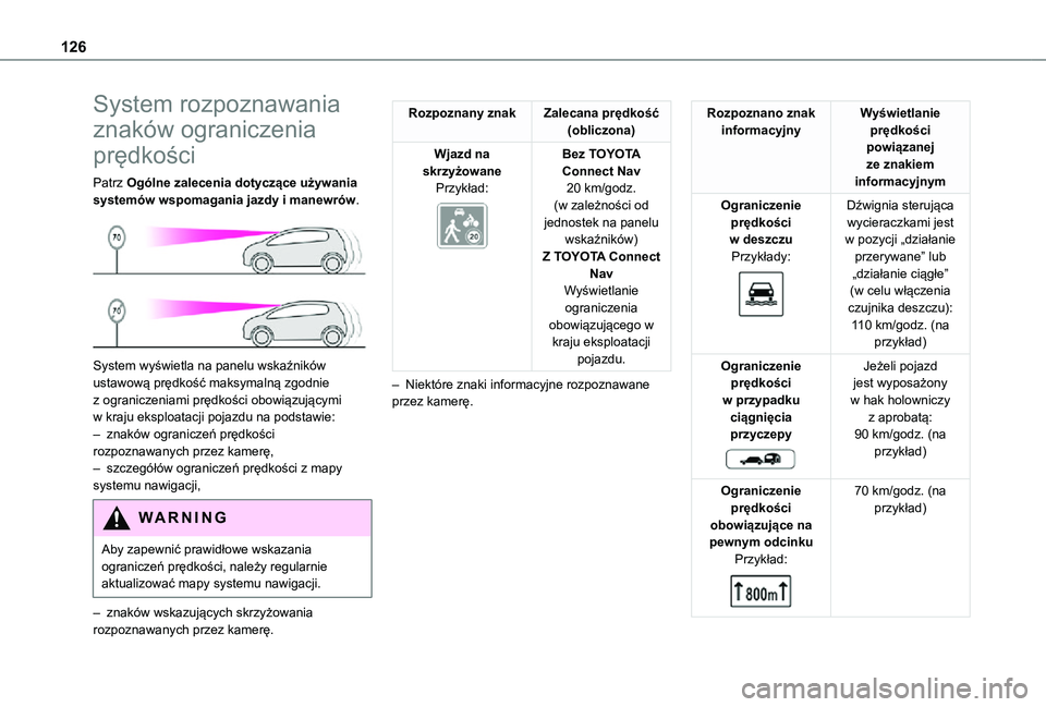 TOYOTA PROACE CITY 2021 Instrukcja obsługi (in Polish) 126
System rozpoznawania
znaków ograniczenia
prędkości
Patrz Ogólne zalecenia dotyczące używania systemów wspomagania jazdy i manewrów.
System wyświetla na panelu wskaźników ustawową TOYOTA PROACE CITY 2021 Instrukcja obsługi (in Polish) 126
System rozpoznawania
znaków ograniczenia
prędkości
Patrz Ogólne zalecenia dotyczące używania systemów wspomagania jazdy i manewrów.
System wyświetla na panelu wskaźników ustawową