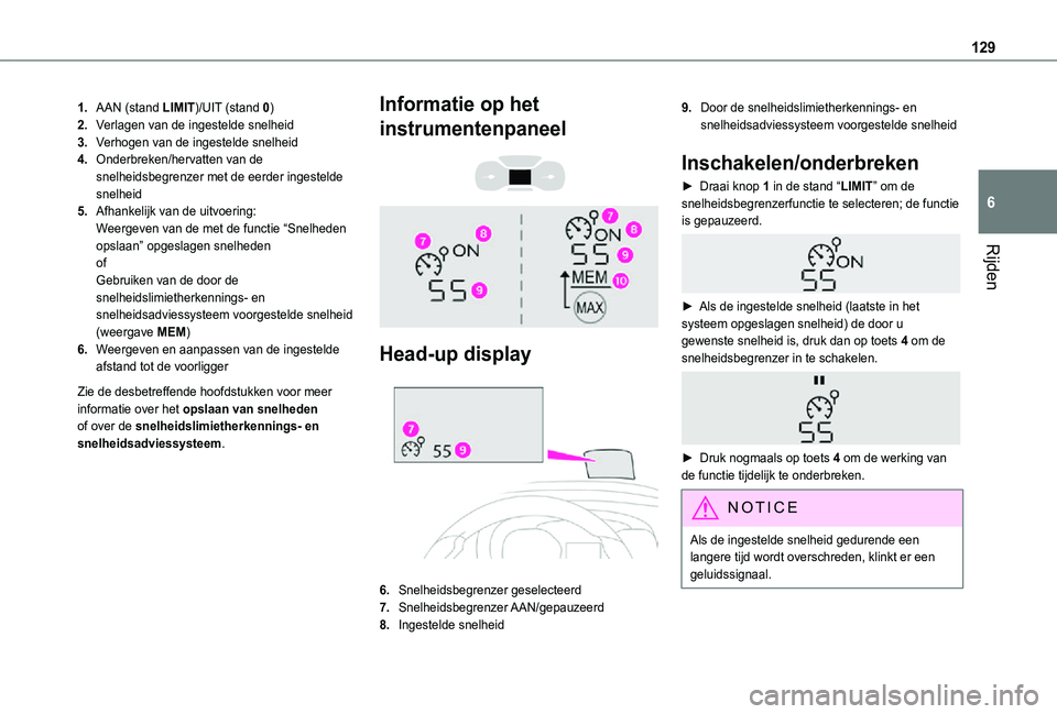 TOYOTA PROACE CITY 2021 Instructieboekje (in Dutch) 129
Rijden
6
1.AAN (stand LIMIT)/UIT (stand 0)
2.Verlagen van de ingestelde snelheid
3.Verhogen van de ingestelde snelheid
4.Onderbreken/hervatten van de snelheidsbegrenzer met de eerder ingestelde sn TOYOTA PROACE CITY 2021 Instructieboekje (in Dutch) 129
Rijden
6
1.AAN (stand LIMIT)/UIT (stand 0)
2.Verlagen van de ingestelde snelheid
3.Verhogen van de ingestelde snelheid
4.Onderbreken/hervatten van de snelheidsbegrenzer met de eerder ingestelde sn