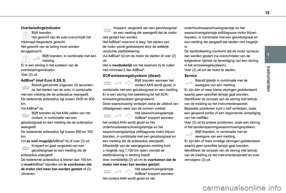 TOYOTA PROACE CITY 2021 Instructieboekje (in Dutch) 15
Instrumenten
1
OverbeladingsindicatorBlijft branden.Het gewicht van de auto overschrijdt het maximaal toegestane gewicht.Het gewicht van de lading moet worden teruggebracht.Blijft branden, in combi TOYOTA PROACE CITY 2021 Instructieboekje (in Dutch) 15
Instrumenten
1
OverbeladingsindicatorBlijft branden.Het gewicht van de auto overschrijdt het maximaal toegestane gewicht.Het gewicht van de lading moet worden teruggebracht.Blijft branden, in combi