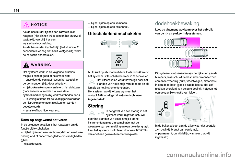 TOYOTA PROACE CITY 2021 Instructieboekje (in Dutch) 144
NOTIC E
Als de bestuurder tijdens een correctie niet reageert (niet binnen 10 seconden het stuurwiel vastpakt), verschijnt er een waarschuwingsmelding.Als de bestuurder inactief blijft (het stuurw TOYOTA PROACE CITY 2021 Instructieboekje (in Dutch) 144
NOTIC E
Als de bestuurder tijdens een correctie niet reageert (niet binnen 10 seconden het stuurwiel vastpakt), verschijnt er een waarschuwingsmelding.Als de bestuurder inactief blijft (het stuurw