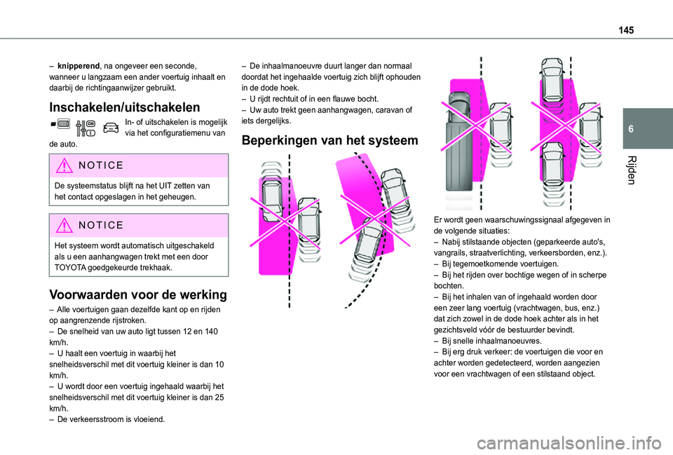 TOYOTA PROACE CITY 2021 Instructieboekje (in Dutch) 145
Rijden
6
– knipperend, na ongeveer een seconde, wanneer u langzaam een ander voertuig inhaalt en daarbij de richtingaanwijzer gebruikt.
Inschakelen/uitschakelen
In- of uitschakelen is mogelijk v TOYOTA PROACE CITY 2021 Instructieboekje (in Dutch) 145
Rijden
6
– knipperend, na ongeveer een seconde, wanneer u langzaam een ander voertuig inhaalt en daarbij de richtingaanwijzer gebruikt.
Inschakelen/uitschakelen
In- of uitschakelen is mogelijk v