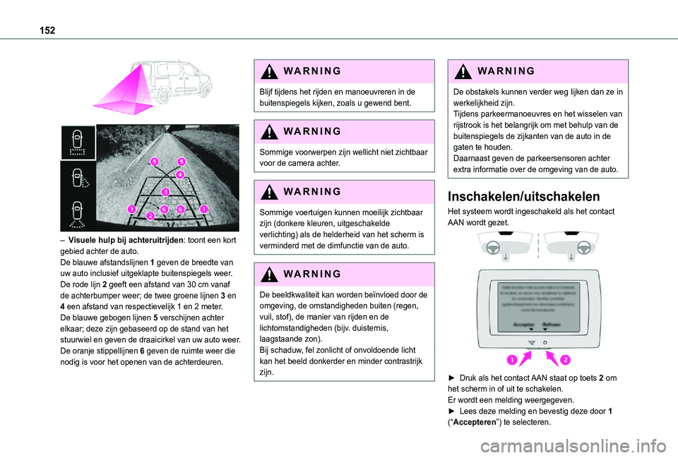 TOYOTA PROACE CITY 2021 Instructieboekje (in Dutch) 152
– Visuele hulp bij achteruitrijden: toont een kort gebied achter de auto.De blauwe afstandslijnen 1 geven de breedte van uw auto inclusief uitgeklapte buitenspiegels weer.De rode lijn 2 gee TOYOTA PROACE CITY 2021 Instructieboekje (in Dutch) 152
– Visuele hulp bij achteruitrijden: toont een kort gebied achter de auto.De blauwe afstandslijnen 1 geven de breedte van uw auto inclusief uitgeklapte buitenspiegels weer.De rode lijn 2 gee