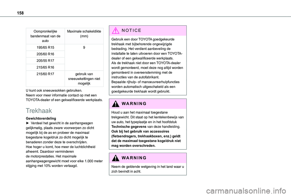TOYOTA PROACE CITY 2021 Instructieboekje (in Dutch) 158
Oorspronkelijke bandenmaat van de auto
Maximale schakeldikte (mm)
195/65 R159
205/60 R16
205/55 R17
215/65 R16
215/60 R17gebruik van sneeuwkettingen niet mogelijk
U kunt ook sneeuwsokken gebruiken TOYOTA PROACE CITY 2021 Instructieboekje (in Dutch) 158
Oorspronkelijke bandenmaat van de auto
Maximale schakeldikte (mm)
195/65 R159
205/60 R16
205/55 R17
215/65 R16
215/60 R17gebruik van sneeuwkettingen niet mogelijk
U kunt ook sneeuwsokken gebruiken