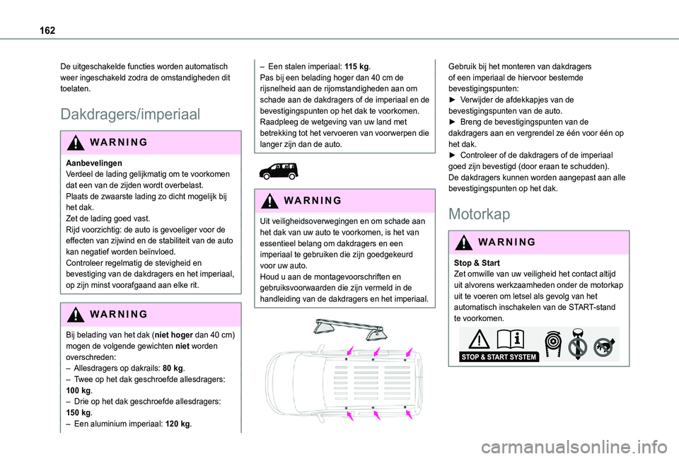 TOYOTA PROACE CITY 2021 Instructieboekje (in Dutch) 162
De uitgeschakelde functies worden automatisch weer ingeschakeld zodra de omstandigheden dit toelaten.
Dakdragers/imperiaal
WARNI NG
AanbevelingenVerdeel de lading gelijkmatig om te voorkomen dat e TOYOTA PROACE CITY 2021 Instructieboekje (in Dutch) 162
De uitgeschakelde functies worden automatisch weer ingeschakeld zodra de omstandigheden dit toelaten.
Dakdragers/imperiaal
WARNI NG
AanbevelingenVerdeel de lading gelijkmatig om te voorkomen dat e