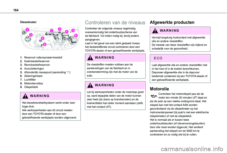 TOYOTA PROACE CITY 2021 Instructieboekje (in Dutch) 164
Dieselmotor
1.Reservoir ruitensproeiervloeistof
2.Koelvloeistofreservoir
3.Remvloeistofreservoir
4.Accu/zekeringen
5.Afzonderlijk massapunt (aansluiting “-”).
6.Zekeringenkast
7.Luchtfilter TOYOTA PROACE CITY 2021 Instructieboekje (in Dutch) 164
Dieselmotor
1.Reservoir ruitensproeiervloeistof
2.Koelvloeistofreservoir
3.Remvloeistofreservoir
4.Accu/zekeringen
5.Afzonderlijk massapunt (aansluiting “-”).
6.Zekeringenkast
7.Luchtfilter