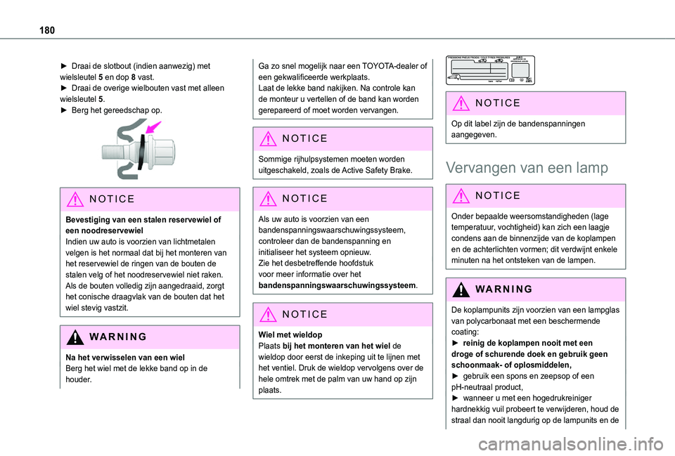 TOYOTA PROACE CITY 2021  Instructieboekje (in Dutch) 180
► Draai de slotbout (indien aanwezig) met wielsleutel 5 en dop 8 vast.► Draai de overige wielbouten vast met alleen wielsleutel 5.► Berg het gereedschap op. 
 
NOTIC E
Bevestiging van een st