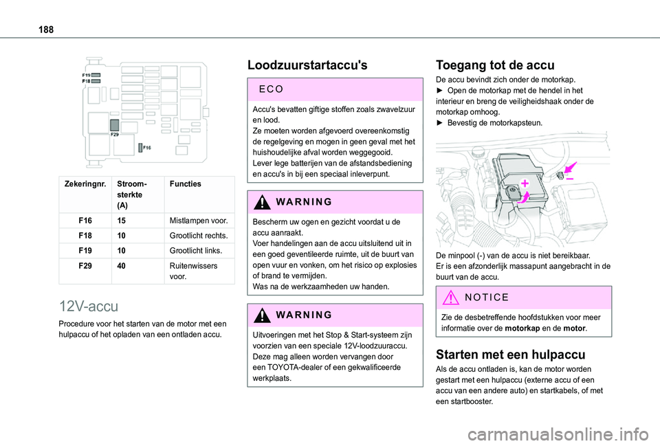 TOYOTA PROACE CITY 2021 Instructieboekje (in Dutch) 188
Zekeringnr.Stroom-sterkte(A)
Functies
F1615Mistlampen voor.
F1810Grootlicht rechts.
F1910Grootlicht links.
F2940Ruitenwissers voor.
12V-accu
Procedure voor het starten van de motor met een
hulp TOYOTA PROACE CITY 2021 Instructieboekje (in Dutch) 188
Zekeringnr.Stroom-sterkte(A)
Functies
F1615Mistlampen voor.
F1810Grootlicht rechts.
F1910Grootlicht links.
F2940Ruitenwissers voor.
12V-accu
Procedure voor het starten van de motor met een
hulp