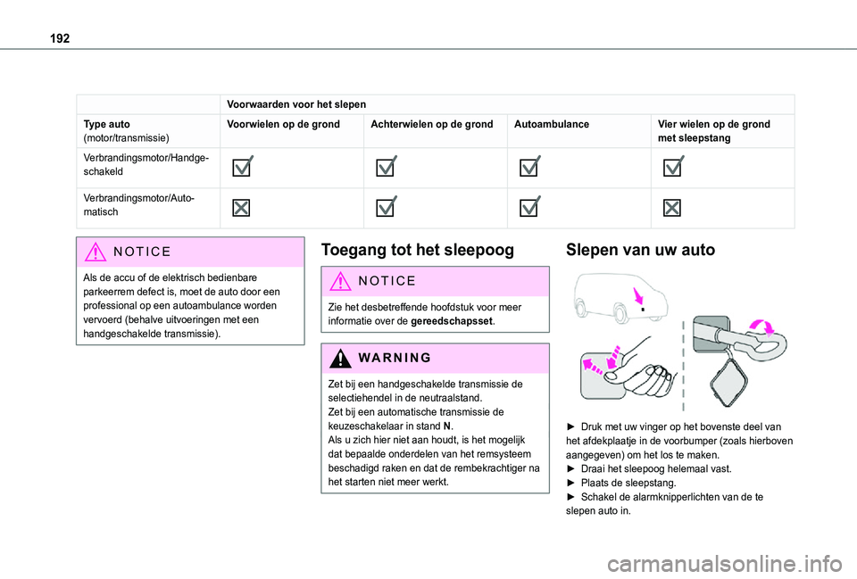 TOYOTA PROACE CITY 2021  Instructieboekje (in Dutch) 192
Voorwaarden voor het slepen
Type auto(motor/transmissie)Voorwielen op de grondAchterwielen op de grondAutoambulanceVier wielen op de grond met sleepstang
Verbrandingsmotor/Handge-schakeld
 
 
 
 
