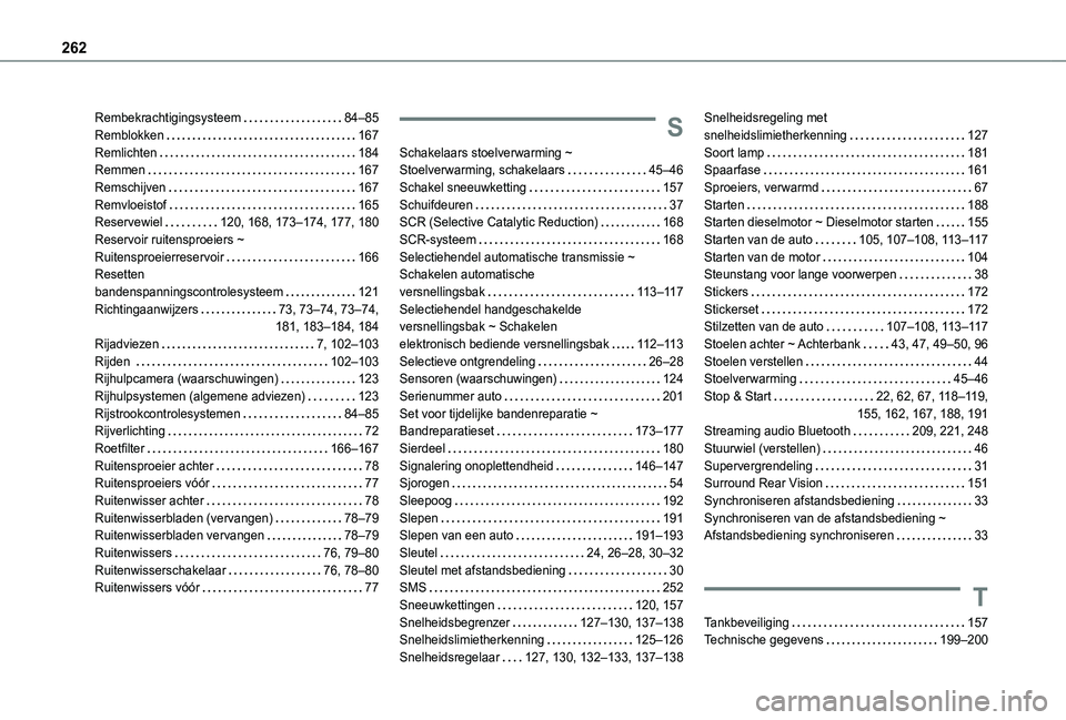 TOYOTA PROACE CITY 2021 Instructieboekje (in Dutch) 262
Rembekrachtigingsysteem 84โ85Remblokken 167Remlichten 184Remmen 167Remschijven 167Remvloeistof 165Reservewiel 120, 168, 173โ174, 177, 180Reservoir ruitensproeiers ~ Ruitensproei TOYOTA PROACE CITY 2021 Instructieboekje (in Dutch) 262
Rembekrachtigingsysteem 84โ85Remblokken 167Remlichten 184Remmen 167Remschijven 167Remvloeistof 165Reservewiel 120, 168, 173โ174, 177, 180Reservoir ruitensproeiers ~ Ruitensproei