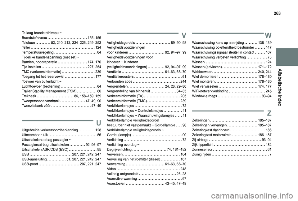 TOYOTA PROACE CITY 2021 Instructieboekje (in Dutch) 263
Alfabetische index
Te laag brandstofniveau ~ Brandstofniveau 155โ156Telefoon 52, 210, 212, 224โ226, 249โ252Teller 124Temperatuurregeling 64Tijdelijke bandenspanning (met set) ~ Ban TOYOTA PROACE CITY 2021 Instructieboekje (in Dutch) 263
Alfabetische index
Te laag brandstofniveau ~ Brandstofniveau 155โ156Telefoon 52, 210, 212, 224โ226, 249โ252Teller 124Temperatuurregeling 64Tijdelijke bandenspanning (met set) ~ Ban