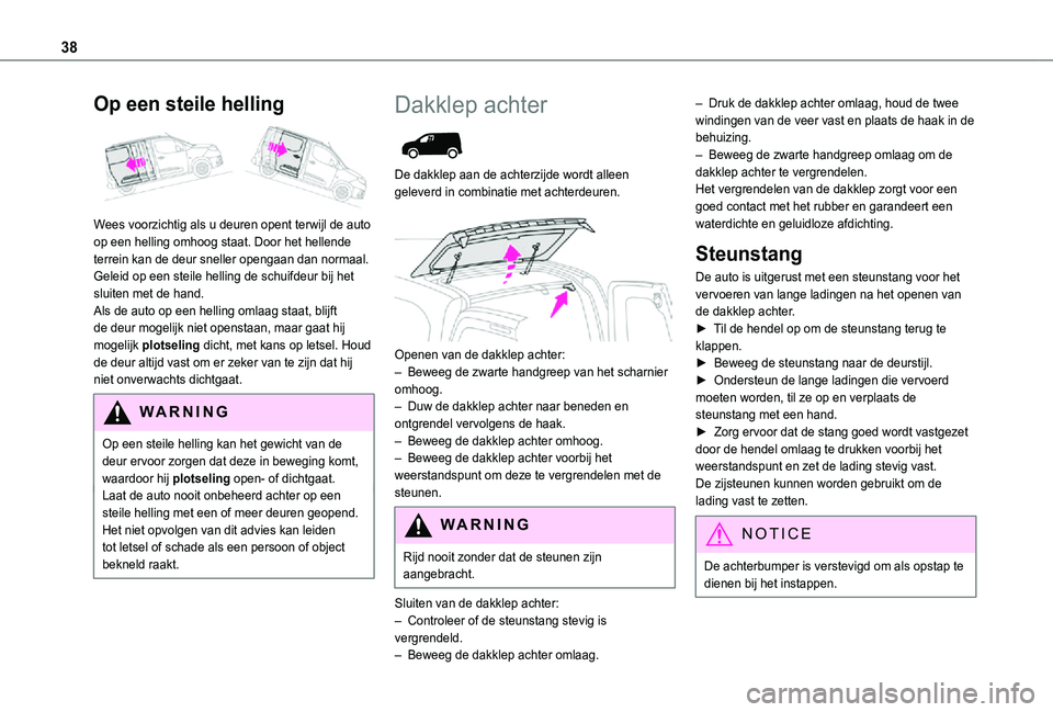 TOYOTA PROACE CITY 2021  Instructieboekje (in Dutch) 38
Op een steile helling 
 
Wees voorzichtig als u deuren opent terwijl de auto op een helling omhoog staat. Door het hellende terrein kan de deur sneller opengaan dan normaal.Geleid op een steile hel