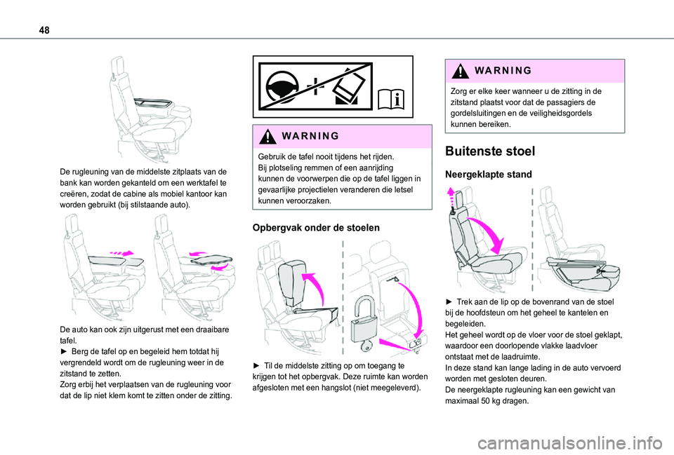 TOYOTA PROACE CITY 2021 Instructieboekje (in Dutch) 48
De rugleuning van de middelste zitplaats van de bank kan worden gekanteld om een werktafel te creëren, zodat de cabine als mobiel kantoor kan worden gebruikt (bij stilstaande auto).
De auto k TOYOTA PROACE CITY 2021 Instructieboekje (in Dutch) 48
De rugleuning van de middelste zitplaats van de bank kan worden gekanteld om een werktafel te creëren, zodat de cabine als mobiel kantoor kan worden gebruikt (bij stilstaande auto).
De auto k