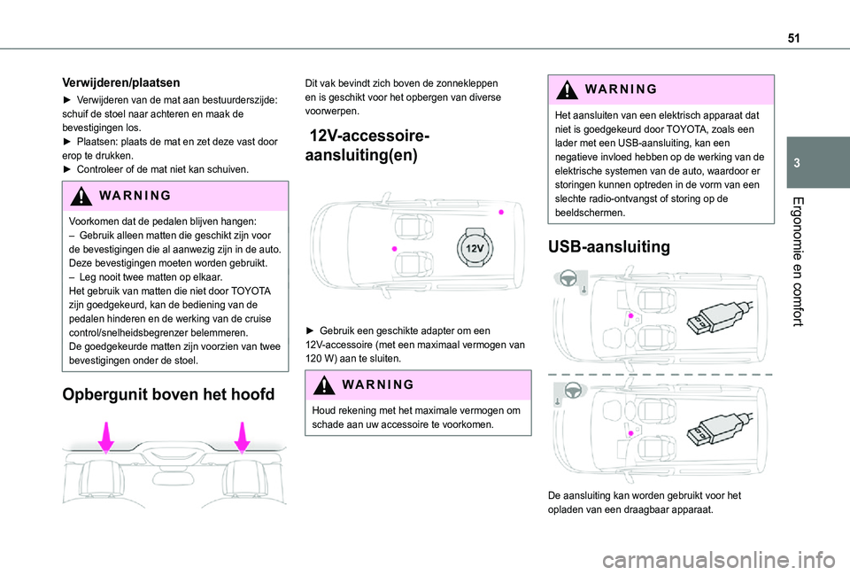 TOYOTA PROACE CITY 2021  Instructieboekje (in Dutch) 51
Ergonomie en comfort
3
Verwijderen/plaatsen
► Verwijderen van de mat aan bestuurderszijde: schuif de stoel naar achteren en maak de bevestigingen los.► Plaatsen: plaats de mat en zet deze vast 