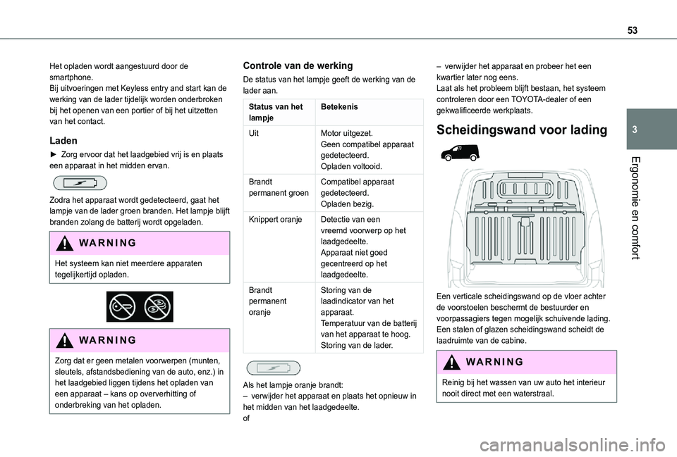 TOYOTA PROACE CITY 2021  Instructieboekje (in Dutch) 53
Ergonomie en comfort
3
Het opladen wordt aangestuurd door de smartphone.Bij uitvoeringen met Keyless entry and start kan de werking van de lader tijdelijk worden onderbroken bij het openen van een 