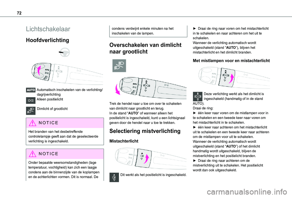 TOYOTA PROACE CITY 2021  Instructieboekje (in Dutch) 72
Lichtschakelaar
Hoofdverlichting 
  
 
Automatisch inschakelen van de verlichting/dagrijverlichtingAlleen positielicht 
Dimlicht of grootlicht 
NOTIC E
Het branden van het desbetreffende controlela