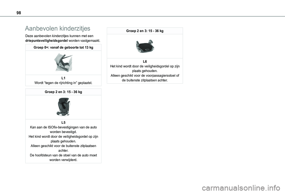 TOYOTA PROACE CITY 2021  Instructieboekje (in Dutch) 98
Aanbevolen kinderzitjes
Deze aanbevolen kinderzitjes kunnen met een driepuntsveiligheidsgordel worden vastgemaakt.
Groep 0+: vanaf de geboorte tot 13 kg 
 
L1Wordt “tegen de rijrichting in” gep