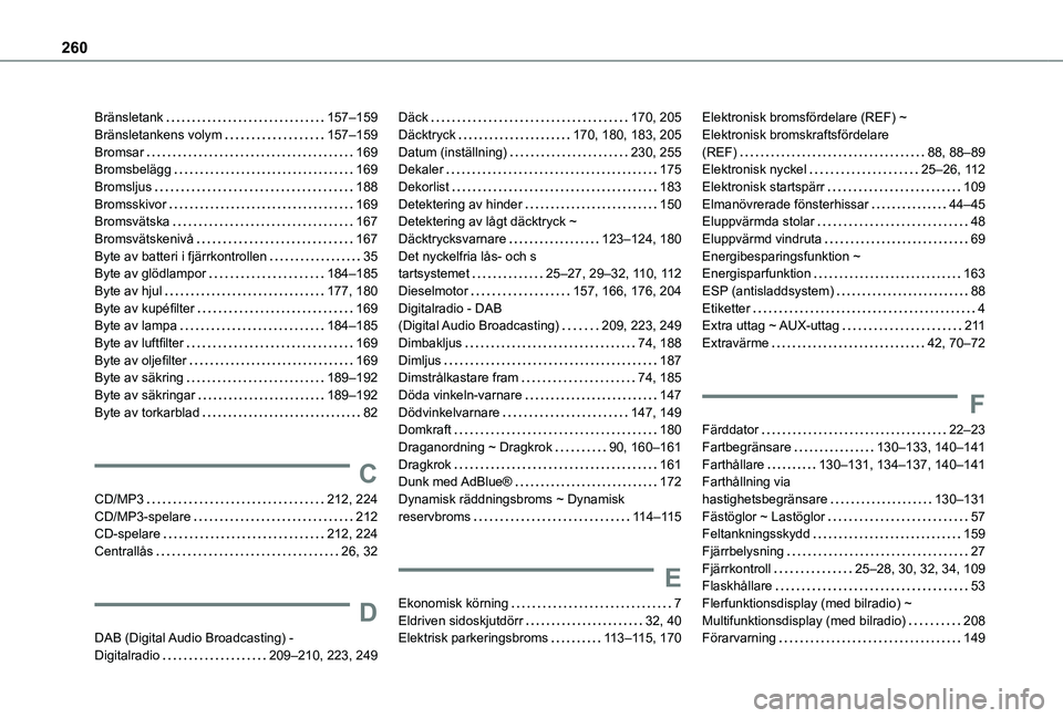 TOYOTA PROACE CITY 2021 Bruksanvisningar (in Swedish) 260
Bränsletank 157–159Bränsletankens volym 157–159Bromsar 169Bromsbelägg 169Bromsljus 188Bromsskivor 169Bromsvätska 167Bromsvätskenivå 167Byte av batteri i fjärrkontrollen TOYOTA PROACE CITY 2021 Bruksanvisningar (in Swedish) 260
Bränsletank 157–159Bränsletankens volym 157–159Bromsar 169Bromsbelägg 169Bromsljus 188Bromsskivor 169Bromsvätska 167Bromsvätskenivå 167Byte av batteri i fjärrkontrollen