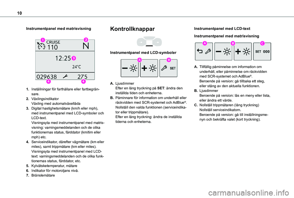 TOYOTA PROACE CITY 2021  Bruksanvisningar (in Swedish) 10
Instrumentpanel med matrisvisning 
 
1.Inställningar för farthållare eller fartbegrän-sare.
2.VäxlingsindikatorVäxling med automatväxellåda
3.Digital hastighetsmätare (km/h eller mph), med