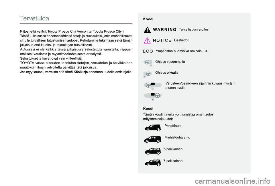TOYOTA PROACE CITY EV 2021 Omistajan Käsikirja (in Finnish)
Tervetuloa
Kiitos, että valitsit Toyota Proace City Verson tai Toyota Proace CitynTässä julkaisussa annetaan tärkeitä tietoja ja suosituksia, jotk TOYOTA PROACE CITY EV 2021 Omistajan Käsikirja (in Finnish)
Tervetuloa
Kiitos, että valitsit Toyota Proace City Verson tai Toyota Proace CitynTässä julkaisussa annetaan tärkeitä tietoja ja suosituksia, jotk