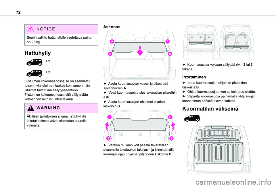 TOYOTA PROACE CITY EV 2021  Omistajan Käsikirja (in Finnish) 72
NOTIC E
Suurin sallittu hattuhyllylle asetettava paino on 25 kg.
Hattuhylly
L2
L2
5 istuimen kokoonpanossa se on asennettu toisen rivin istuinten taakse kolmannen rivin istuimet taitettuina säilyt