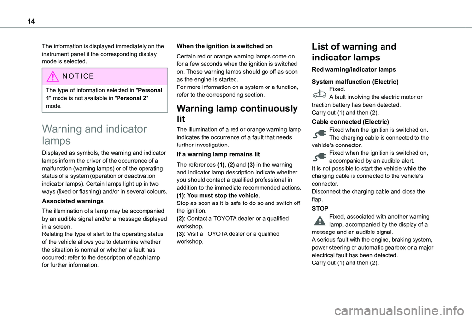 TOYOTA PROACE CITY EV 2021 User Guide 14
The information is displayed immediately on the instrument panel if the corresponding display mode is selected.
NOTIC E
The type of information selected in "Personal 1" mode is not availabl