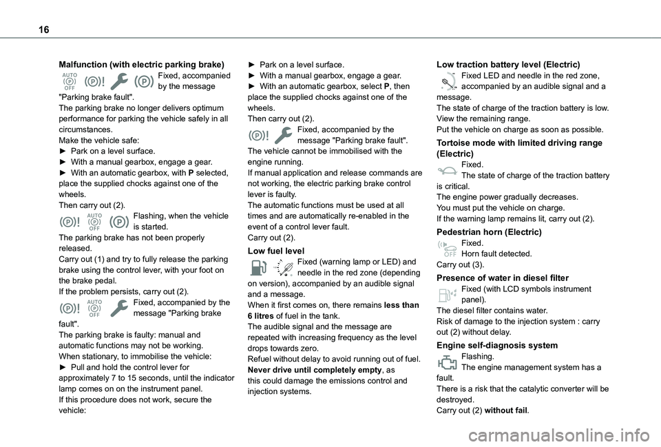 TOYOTA PROACE CITY EV 2021 Owners Manual 16
Malfunction (with electric parking brake)Fixed, accompanied by the message "Parking brake fault".The parking brake no longer delivers optimum performance for parking the vehicle safely in a TOYOTA PROACE CITY EV 2021 Owners Manual 16
Malfunction (with electric parking brake)Fixed, accompanied by the message "Parking brake fault".The parking brake no longer delivers optimum performance for parking the vehicle safely in a