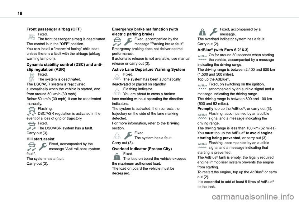 TOYOTA PROACE CITY EV 2021  Owners Manual 18
Front passenger airbag (OFF)Fixed.The front passenger airbag is deactivated.The control is in the "OFF" position.You can install a "rearward facing" child seat, unless there is a fa