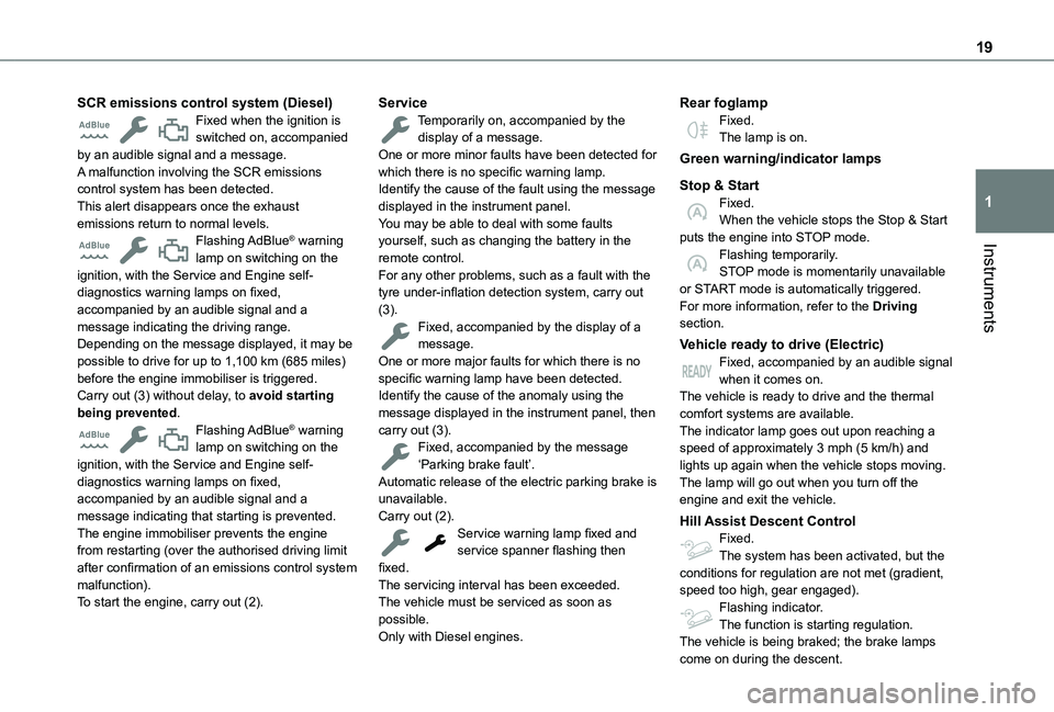 TOYOTA PROACE CITY EV 2021  Owners Manual 19
Instruments
1
SCR emissions control system (Diesel)Fixed when the ignition is switched on, accompanied by an audible signal and a message.A malfunction involving the SCR emissions control system ha