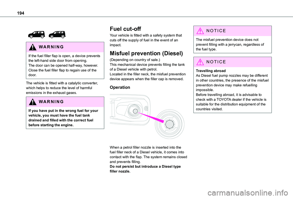 TOYOTA PROACE CITY EV 2021  Owners Manual 194
 
 
WARNI NG
If the fuel filler flap is open, a device prevents the left-hand side door from opening.The door can be opened half-way, however.Close the fuel filler flap to regain use of the door.
